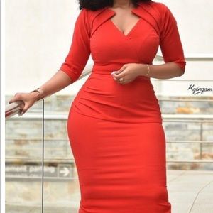 Red midi dress with pleated collar.